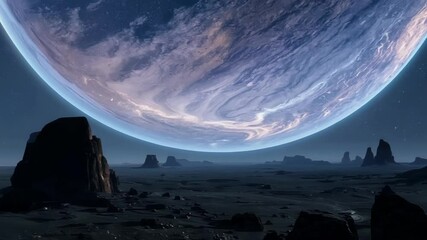 Poster - Blue and purple gas giant planet is filling the sky over a dark, rocky landscape. Distant stars are shining in the background