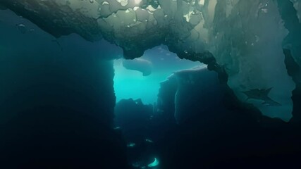 Aufkleber - Turquoise water illuminating an underwater cave formed by ice formations. The light creates a magical atmosphere and shows the beauty of nature