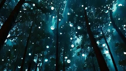 Aufkleber - Glowing spheres hang in a serene forest, creating a magical and mysterious atmosphere