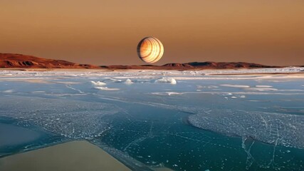 Poster - Giant gas planet swirls above a frozen lake, creating a surreal, alien landscape that feels straight out of a sci fi fantasy