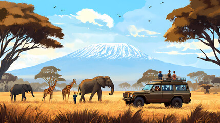 a family on safari in kenya, watching lions, elephants, and giraffes roam the savannah against a bac