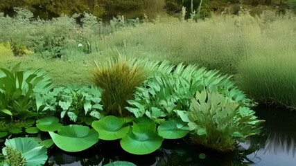 Poster - Green aquatic plants grow in a peaceful lake, evoking tranquility and inviting viewers to appreciate nature's beauty