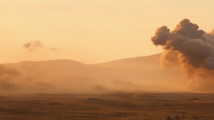 Poster - Massive cloud of smoke billows upwards, dominating the skyline above a desolate desert landscape bathed in the warm hues of the setting sun