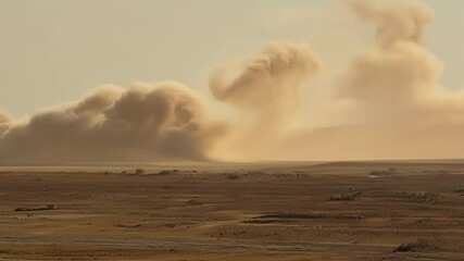 Poster - Powerful winds are lifting clouds of dust into the air, creating a dramatic scene in the vast expanse of the desert. The sun bathes the landscape in a warm, hazy glow