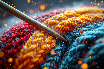 Poster - The rhythmic motion of knitting needles creating a cozy scarf. Concept of creative rhythms and soothing activity.