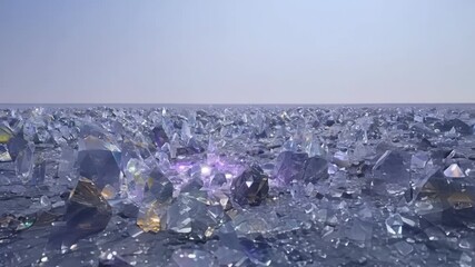 Aufkleber - Mysterious landscape covered in shimmering crystals stretches endlessly towards the horizon under a surreal blue sky, creating a peaceful and calming backdrop