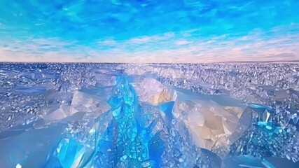 Poster - River of glowing water flows through a crystal landscape under a blue and pink sky. This image evokes concepts such as fantasy, nature, and the power of water