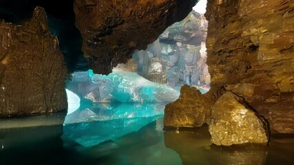 Aufkleber - Discover the hidden beauty of a vast underground cave system with turquoise waters reflecting the intricate ceiling