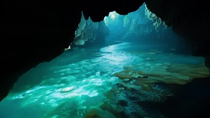 Aufkleber - Flowing turquoise water emerges from a dark cave, creating a mysterious space for exploration. Serene underground river winds through rocky landscape, evoking adventure and mystery