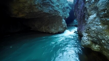 Aufkleber - Turquoise water flows through a narrow canyon carved by a mountain river. Surrounded by rugged rocks and mysterious caves. Creating a wild and beautiful outdoor scene