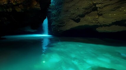 Aufkleber - Water plunging into a turquoise pool in a cave, creating a mesmerizing spectacle with rugged walls and an ethereal glow