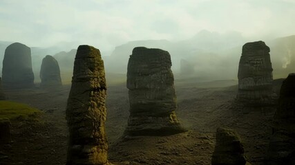 Poster - Grassy valley with rock formations and mountains in morning sunlight, creating a tranquil wilderness scenery