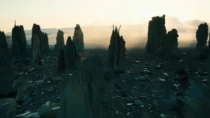 Poster - Jagged black rocks cast long shadows across a bleak, otherworldly landscape as the sun sets behind a bank of fog on the horizon