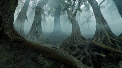 Poster - Giant trees with large roots are growing in a mysterious forest covered by fog. The sun is shining through the branches and creates a mystical atmosphere
