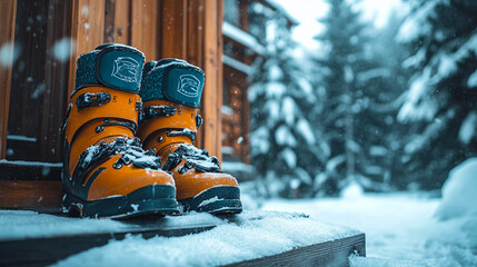 Bright orange snow boots on a wooden porch amidst a snowy forest during winter season