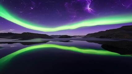 Poster - Marvel at the green aurora borealis reflecting in a mountain lake at night, creating a serene atmosphere under a purple starry sky. Explore nature's beauty in iceland, alaska, norway, or finland