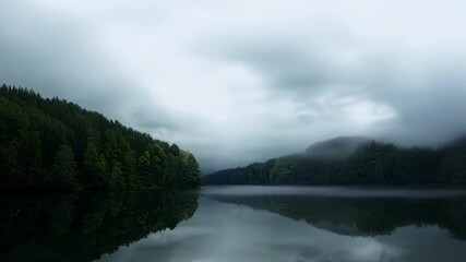 Poster - Calm lake reflecting lush green forest and rolling hills in misty atmosphere with fluffy clouds
