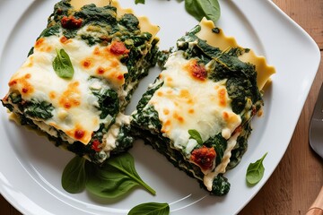 Wall Mural - Delicious Spinach Lasagna with Creamy Cheese and Herb Filling on White Background