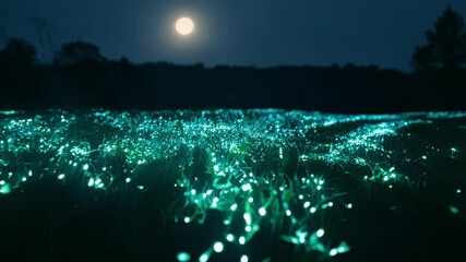 Aufkleber - Magical night scene of a field glowing with fireflies under the light of the full moon. The fireflies create a mesmerizing spectacle, illuminating the night with their ethereal glow