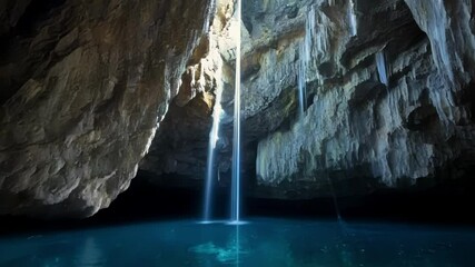 Poster - Water cascading into clear pool in slot canyon, illuminated by beams of light. Interplay of water, rock, light creates breathtaking landscape
