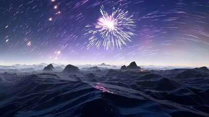Aufkleber - Showing a barren, rocky landscape with a starry sky full of star trails, depicting the rotation of an earth like planet in deep space