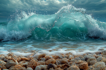 Sticker - A wave crashing against rocks, the water spray caught in a moment of dynamic force. Concept of natural power and motion.