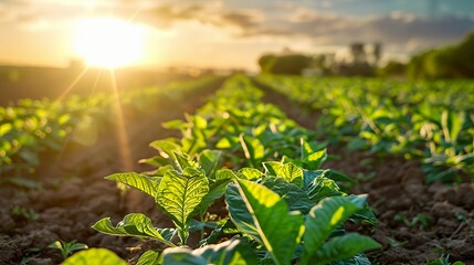 Closeup of lush green tobacco leaves in a field with the sun shining through the foliage.