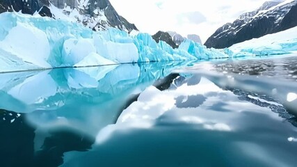 Aufkleber - Split view of a turquoise glacier reflecting in the water, showcasing the beauty and tranquility of nature in a remote and icy environment