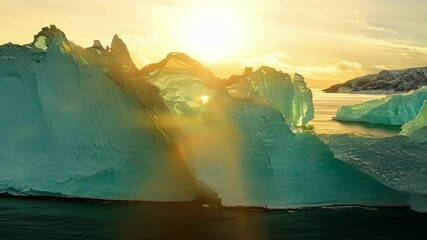 Aufkleber - Turquoise icebergs glow in the setting sun, casting shadows on the water in a remote iceberg lagoon
