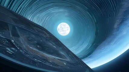 Aufkleber - Futuristic spaceship corridor leads to a massive window showing the moon. The scene blends space and technology, with sleek modern design and blue light. Perfect for sci fi fans