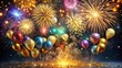 © Four888 - Vibrant fireworks explosion against a dark night sky, surrounded by shimmering golden confetti and colorful balloons, celebrating the start of a new year.