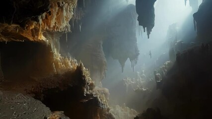 Poster - Sunbeams are lighting a misty cave filled with stalactites and stalagmites, creating a magical and mysterious atmosphere
