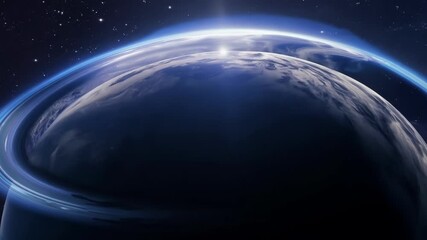 Aufkleber - Mesmerizing image of a blue planet with rings, glowing as the sun rises over its horizon, evoking wonder and inviting exploration of the cosmos
