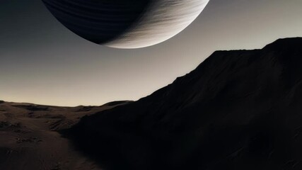Poster - Giant planet with swirling clouds is partially obscuring the sky over a barren and rocky landscape. This evokes themes of space exploration, colonization, and the search for life on other planets