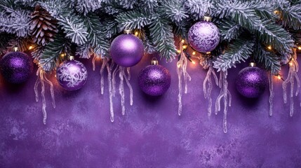 Festive Christmas tree with decorations with glittery baubles, frosted evergreen branches, illuminated by warm lights on a blur background. Merry Christmas banner and poster