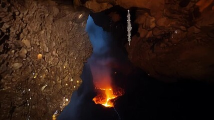 Aufkleber - Lava flowing from an erupting volcano at night, illuminating the rocky interior of the cave with a vibrant orange glow. The molten rock creates a mesmerizing spectacle of nature's power