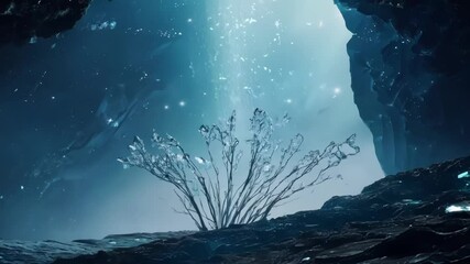 Aufkleber - Glowing plant in a dark cave, with a starry sky outside, evokes mystery and wonder, hinting at alien life and a magical world waiting to be discovered