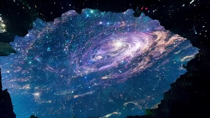 Aufkleber - Peering out of a cave, you see a stunning galaxy, sparking amazement and curiosity. Stars twinkle in the night sky, surrounded by the vast universe, inviting exploration and discovery