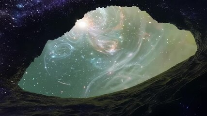 Poster - Breathtaking view of a vibrant nebula through a cave opening, surrounded by a starry night sky, evokes the awe inspiring beauty and mystery of space exploration