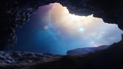 Aufkleber - Peering into a dark cave, you see a vast galaxy of blue and purple stars, inviting exploration and sparking curiosity about the universe