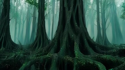 Aufkleber - Glowing green moss covers dark forest floor, casting magical light on twisted tree roots in eerie atmosphere with fog, creating serene woodland scene