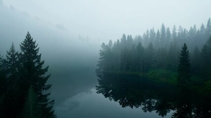 Aufkleber - Misty morning at mountain lake with fog, pine trees, and serene reflection