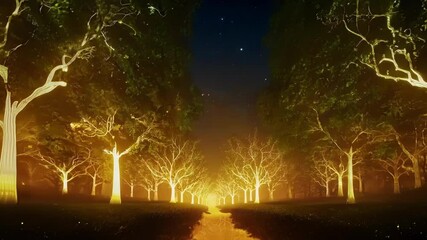 Poster - Serene river flows through a glowing forest under a starry night sky, creating a magical and mysterious atmosphere