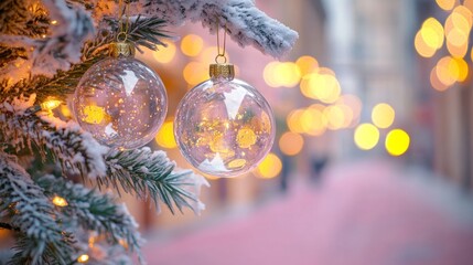 Festive Christmas tree with decorations with glittery baubles, frosted evergreen branches, illuminated by warm lights on a blur background. Merry Christmas banner and poster