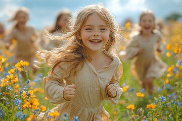 Wall Mural - A group of children running through a field of wildflowers, their laughter echoing in the breeze. Concept of pure joy and freedom.