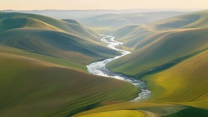Poster - Serene river winds through rolling farmland, creating tranquility in the vast landscape at sunset. The aerial view captures the beauty of green countryside with shadows cast by evening light