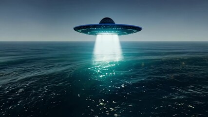 Poster - Large, unknown object is hovering over a dark ocean emitting a beam of turquoise light. This mysterious object may be from outer space