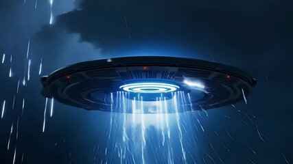 Poster - Large alien spacecraft is hovering in the night sky during a rainstorm, with its tractor beam engaged and illuminating the falling rain