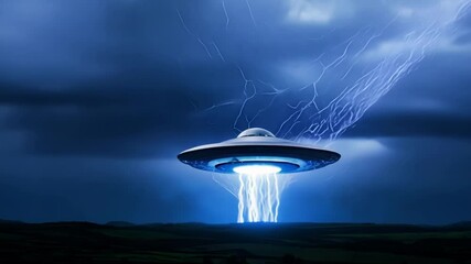Poster - Science fiction scene of a large alien spaceship hovering over an empty field, glowing with blue light and being struck by lightning during a dramatic nighttime thunderstorm