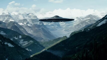 Poster - Mysterious and large unidentified flying object is hovering over a vast and epic mountain range, suggesting the possibility of extraterrestrial life and advanced technology